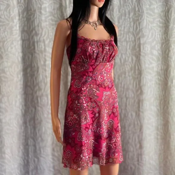 Vintage 90s California Concepts Pink Paisley Mesh Overlay Milkmaid Dress Size M - Picture 1 of 8